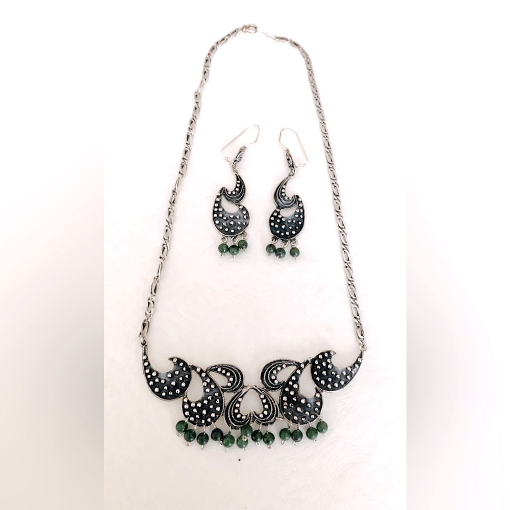 Real silver 3 Pc jewelry set choker necklace ear rings green semiprecious stones